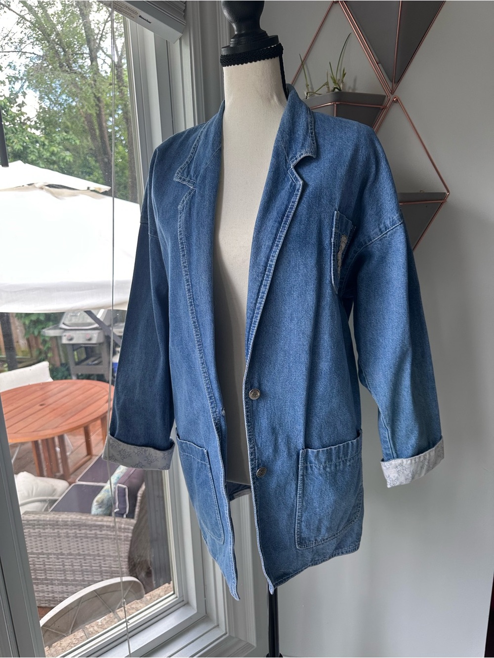 VINTAGE 90s Blue Denim Jean Chore Jacket Embroidered Patch Bianca Nygard Medium